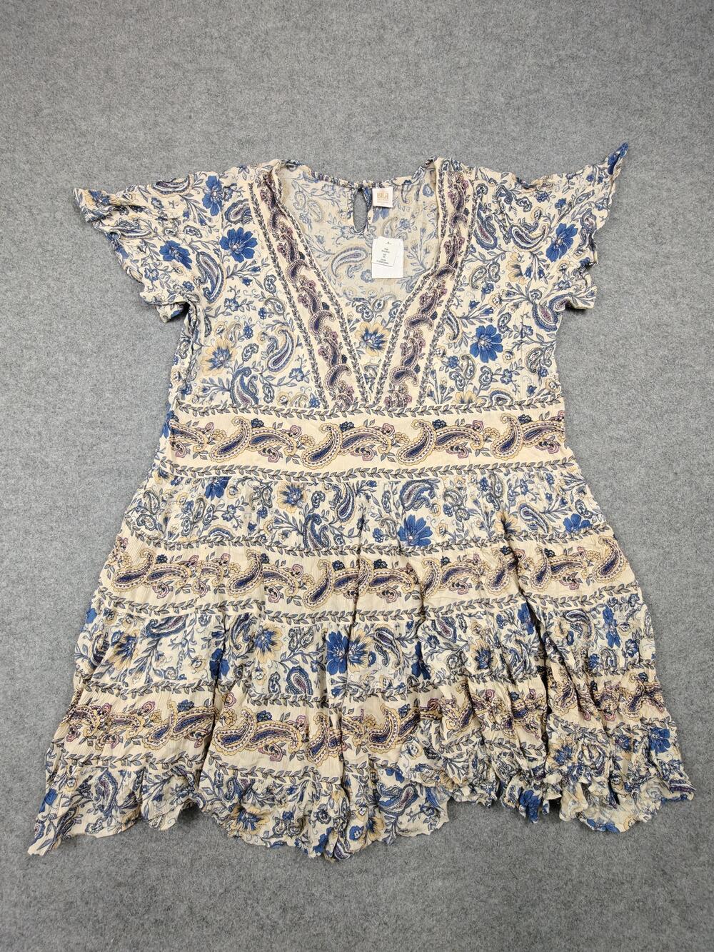 BICA Sundress Womens XXL Blue Floral V-Neck Rayon Ruffle Flutter Sleeve Casual